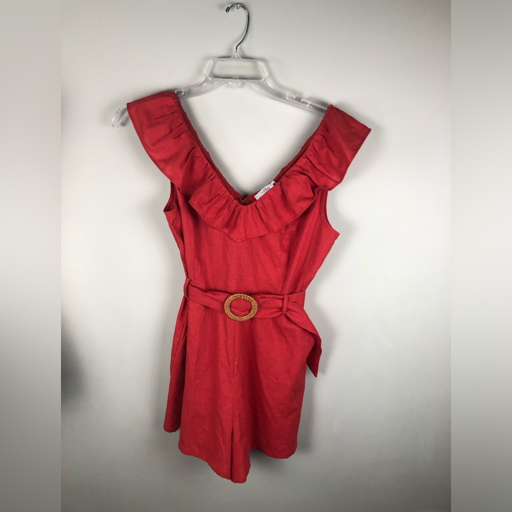 NWT Lush Burnt Orange Sleeveless Belted Waist Romper Women's Large Linen…